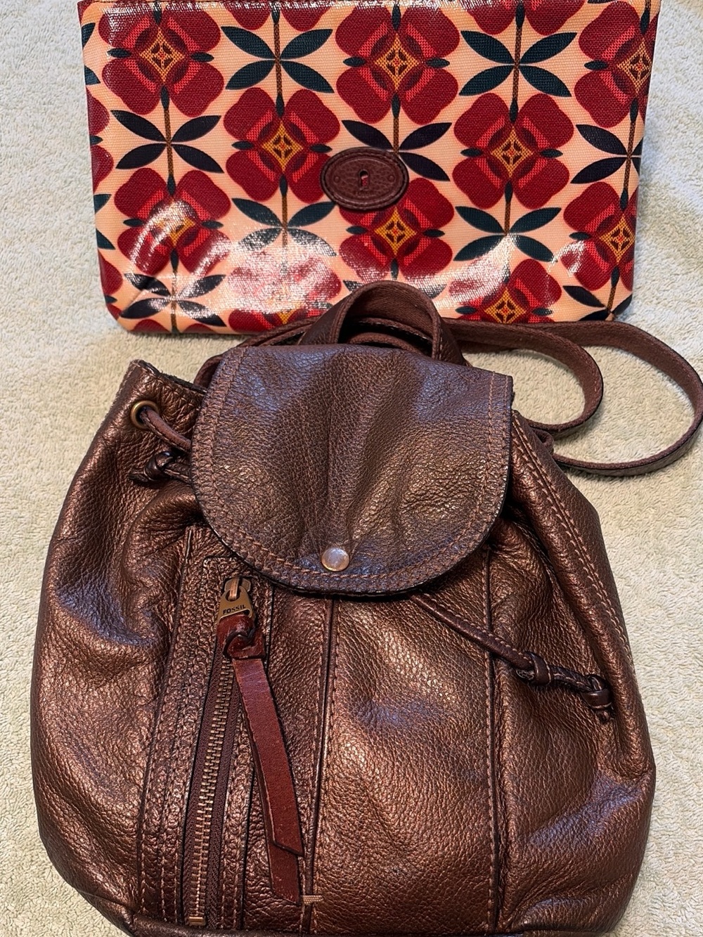 Fossil Leather Backpack & Floral Makeup Pouch Bundle Brown Boho